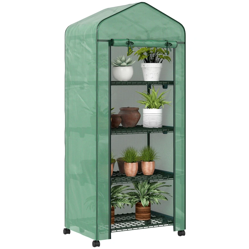 Outsunny Serra da Balcone a 4 Livelli con 4 Rotelle e Ingresso Avvolgibile, in Acciaio e PE, 69x50x165 cm, Verde