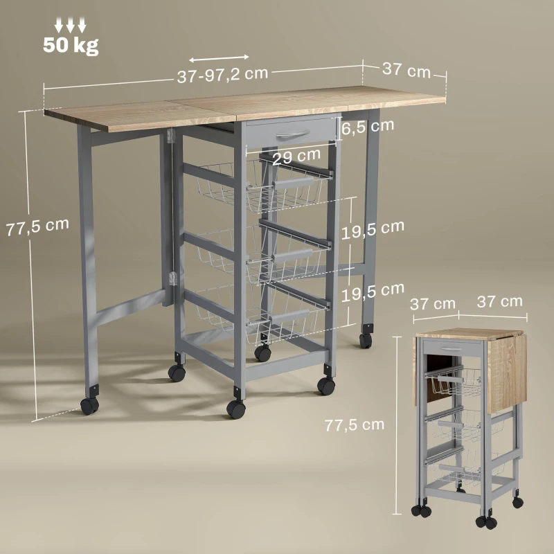 HOMCOM Carrito Auxiliar Plegable Carrito de Cocina con 6 Ruedas 1 Cajón y 3 Cesta de Metal 97,2x37x77,5 cm Gris y Roble