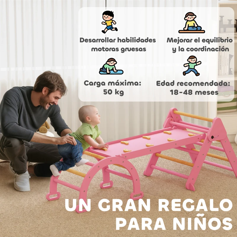 AIYAPLAY 7 en 1 Triángulo de Escalada Montessori de Madera Plegable con Arco y Rampa para Niños de 18-48 Meses 188x70 cm Rosa