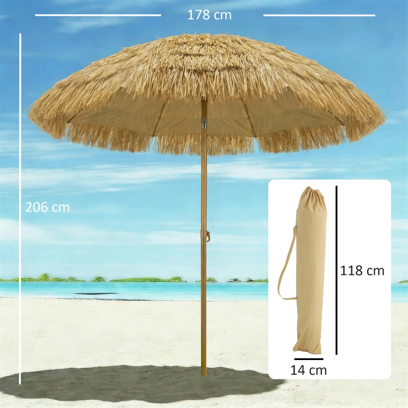 Outsunny Chapéu de Sol de Praia com Franjas de Palha Ø178 cm com Inclinação Altura Ajustável UV50+ Bolsa de Transporte Castanho Claro