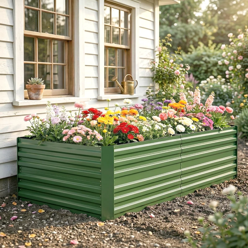 Outsunny Raised Beds for Garden, Galvanised Steel Outdoor Planters with Multi-reinforced Rods, 180 x 90 x 59 cm, Green