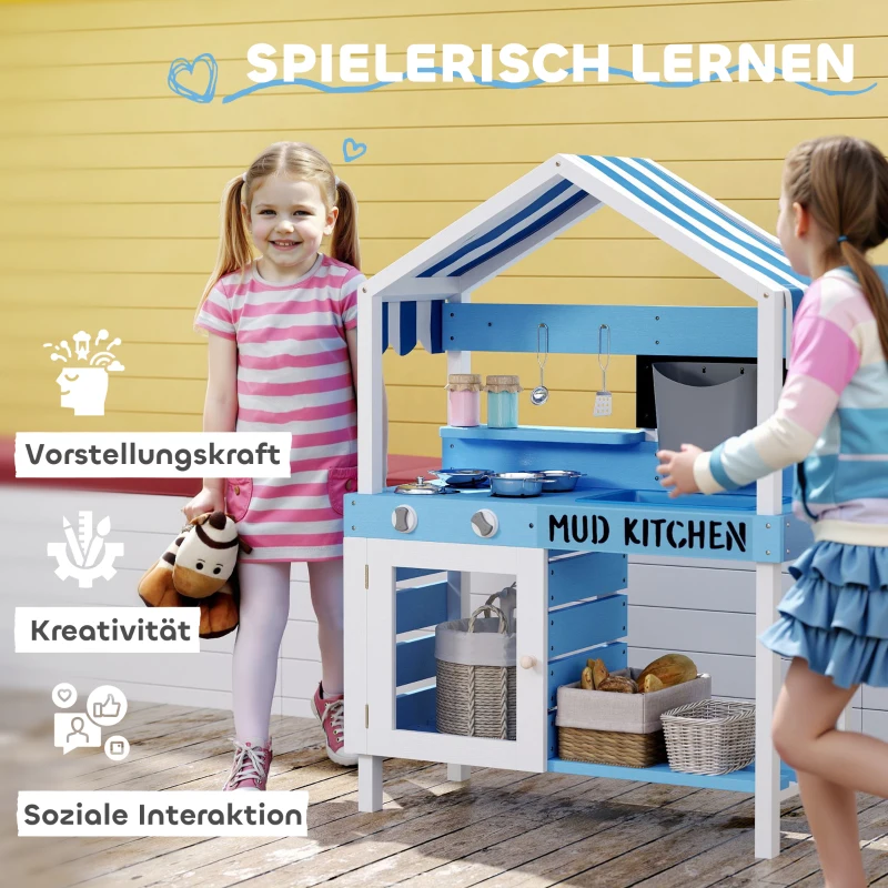 AIYAPLAY Kids Mud Kitchen Outdoor with Stoves, Sink, Faucet, Storage Shelves, Cookware Accessories for Boys Girls, Blue