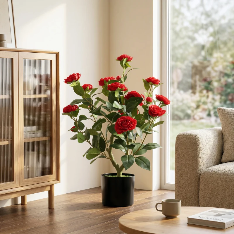 HOMCOM Plantă Artificială de Camelie 65 cm Arbore Artificial în Ghiveci cu Flori din Mătase Realiste 116 Frunze Efect Mușchi Roșu