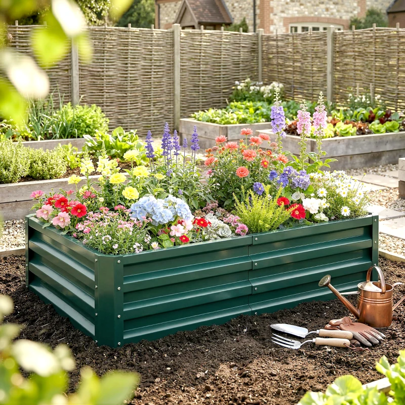 Outsunny Raised Beds for Garden, Galvanized Outdoor Planters, for Herbs and Vegetables, Use for Patio, Backyard, Balcony, Green