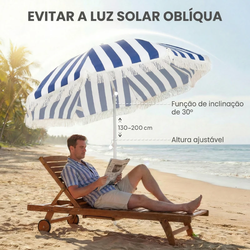 Outsunny Chapéu de Sol de Praia com Franjas Ø180 cm Chapéu de Sol Exterior com Altura Ajustável Inclinação 30° Azul e Branco