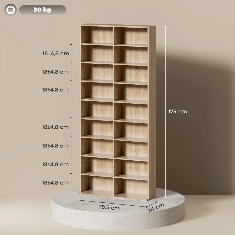 HOMCOM 9-poziomowy regał na DVD z 18 przegródkami i 14 regulowanymi półkami, miejsce na 640 płyt CD, 360 płyt DVD lub 430 płyt Blu-ray, naturalne drewno