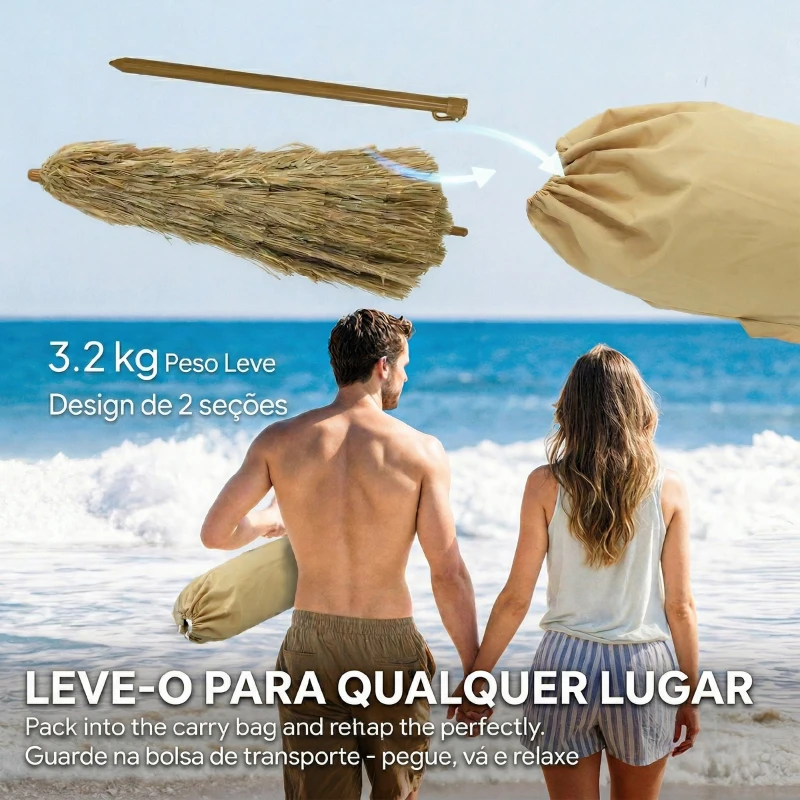 Outsunny Chapéu de Sol de Praia com Franjas de Palha Ø178 cm com Inclinação Altura Ajustável UV50+ Bolsa de Transporte Castanho Claro
