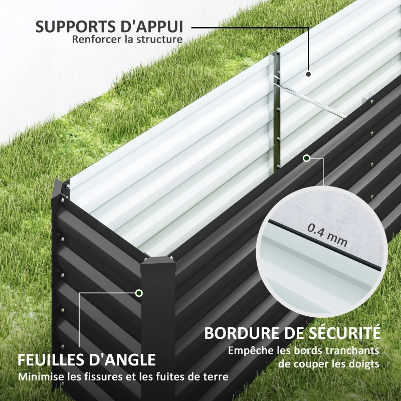 Outsunny Carré potager potager surélevé en acier galvanisé barres de soutien et plaques d'angle fond ouvert 240 x 40 x 45 cm gris foncé