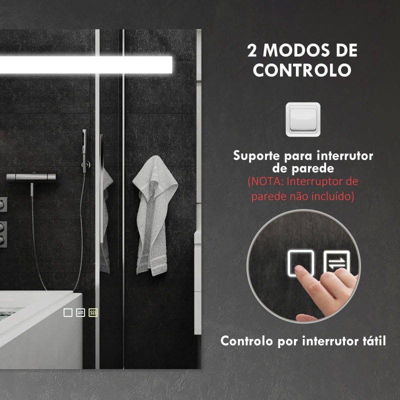 HOMCOM Espelho de Casa de Banho com Luz LED 70x50 cm 3 Cores de Luz Função Antiembaciamento Função de Memória IP44 Prata