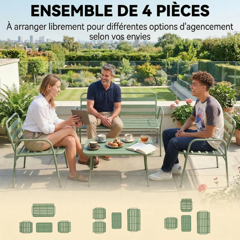 Outsunny Salon de Jardin Extérieur en Acier 4 Pièces, Canapé 2 Places, 2 Fauteuils, Table Basse, à Lattes, 112x60x75cm, Vert