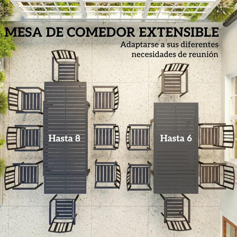 Outsunny Mesa de Jardín Extensible 150/225x85x75 cm Mesa de Comedor de Aluminio con Tablero de Listones para 6-8 Personas Gris