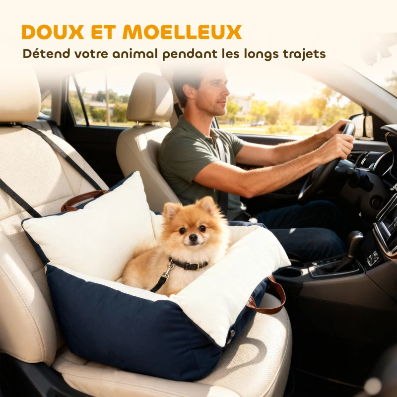 PawHut Siège auto pour chien avec ceinture de sécurité et fixation siège de voiture pour chien rembourré 49x53x36cm bleu marine