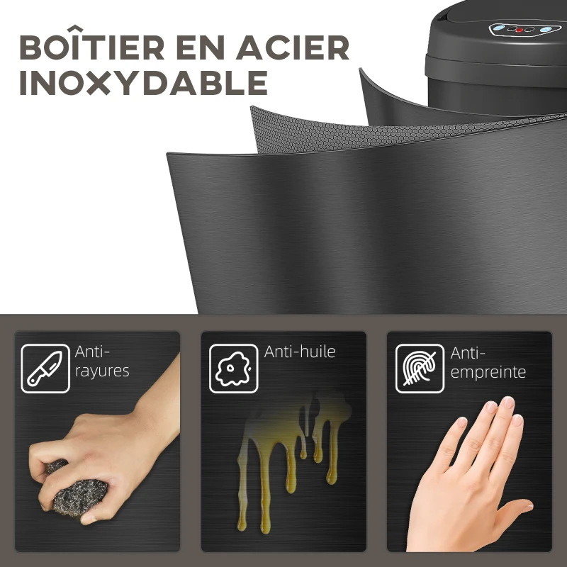 HOMCOM Poubelle cuisine automatique 30L acier inoxydable, poubelle à couvercle à fermeture en douceur, 32x30,5x51cm, noir