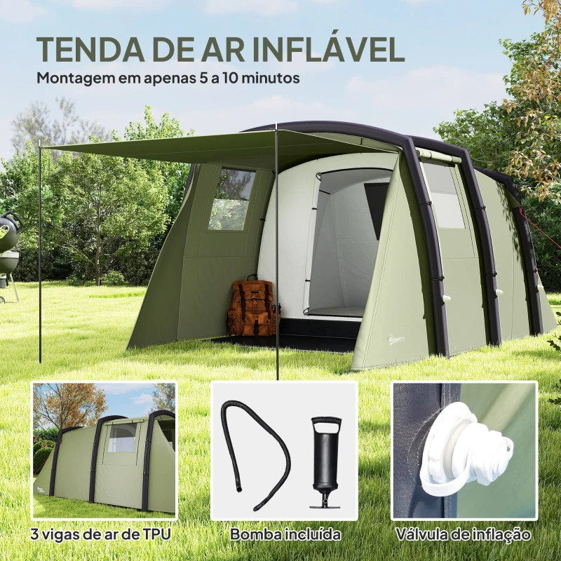 Outsunny Tenda de Campismo Inflável Familiar para 3-4 Pessoas Janelas de Malha e Bolsa de Transporte Proteção UV 50+ 440x280x195 cm Verde-Oliva