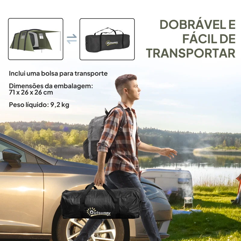 Outsunny Tenda de Campismo Inflável Familiar para 3-4 Pessoas Janelas de Malha e Bolsa de Transporte Proteção UV 50+ 440x280x195 cm Verde-Oliva