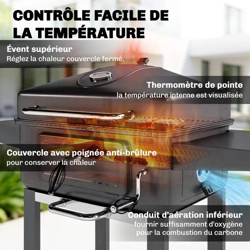 Outsunny Barbecue Charbon de Bois Chariot Grill de Jardin avec Couvercle XXL Bac à Charbon et Évents Réglables 112cm Noir