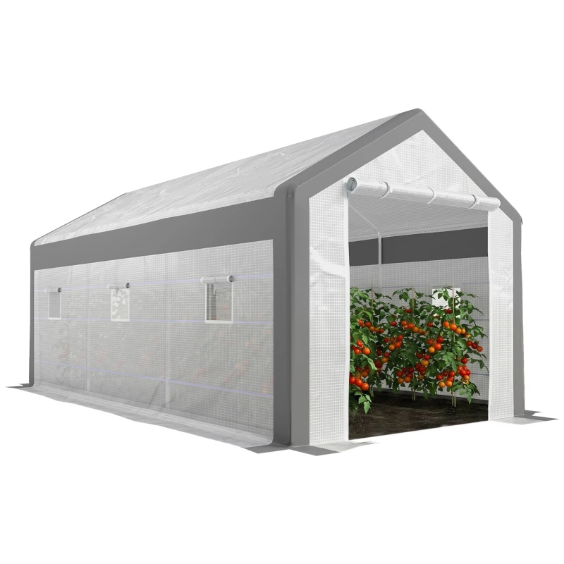 Outsunny Invernadero de Jardín 600x300x280 cm Invernadero de Túnel para Cultivo de Plantas Verduras con 2 Puertas 6 Ventanas Enrollables y Cubierta de Polietileno PE 140g/m² Blanco