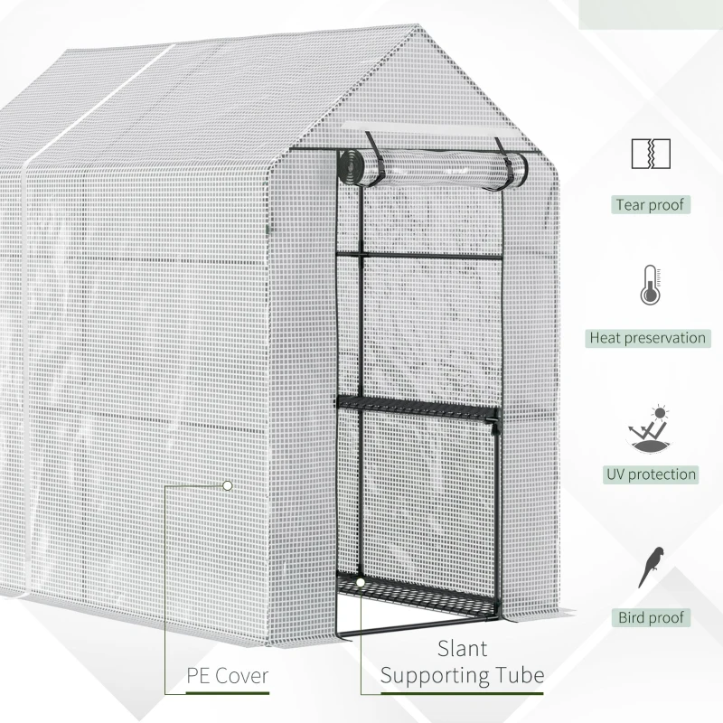 Outsunny Walk-in Garden Greenhouse with Shelves, Polytunnel Steeple Grow House, Outdoor Plant Shelter Tent, 186L x 120W 190Hcm, White