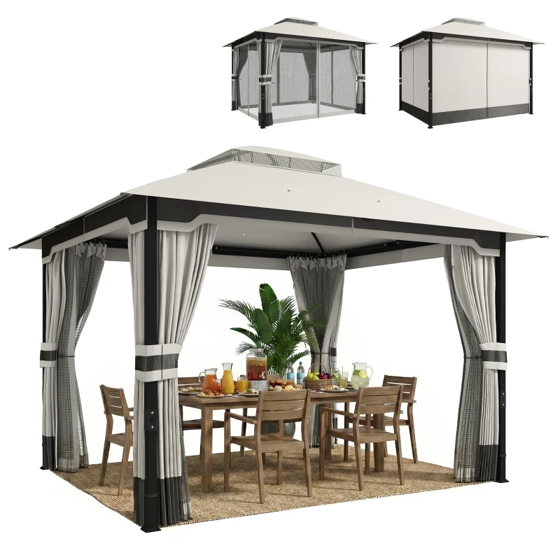 Outsunny Pérgola de Jardim 360x300x279 cm com Duplo Teto 4 Paredes Laterais e Rede Mosquiteira Estrutura Metálica Cinza Claro