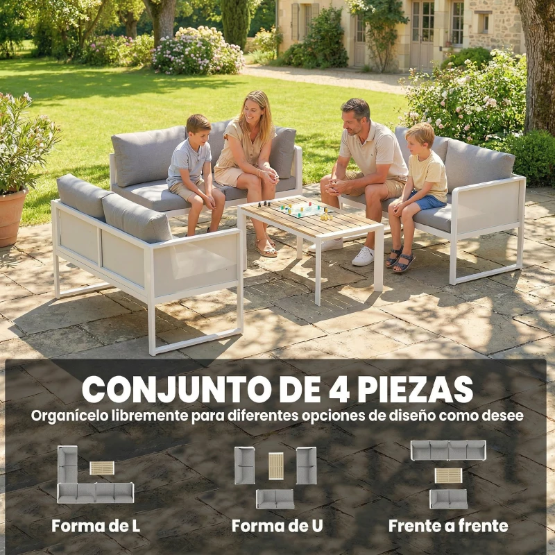 Outsunny Conjunto de Jardín Exterior con Cojines 3 Sofás de 2 Plazas Mesa con Tablero Efecto Madera WPC y Cojines Gris y Blanco