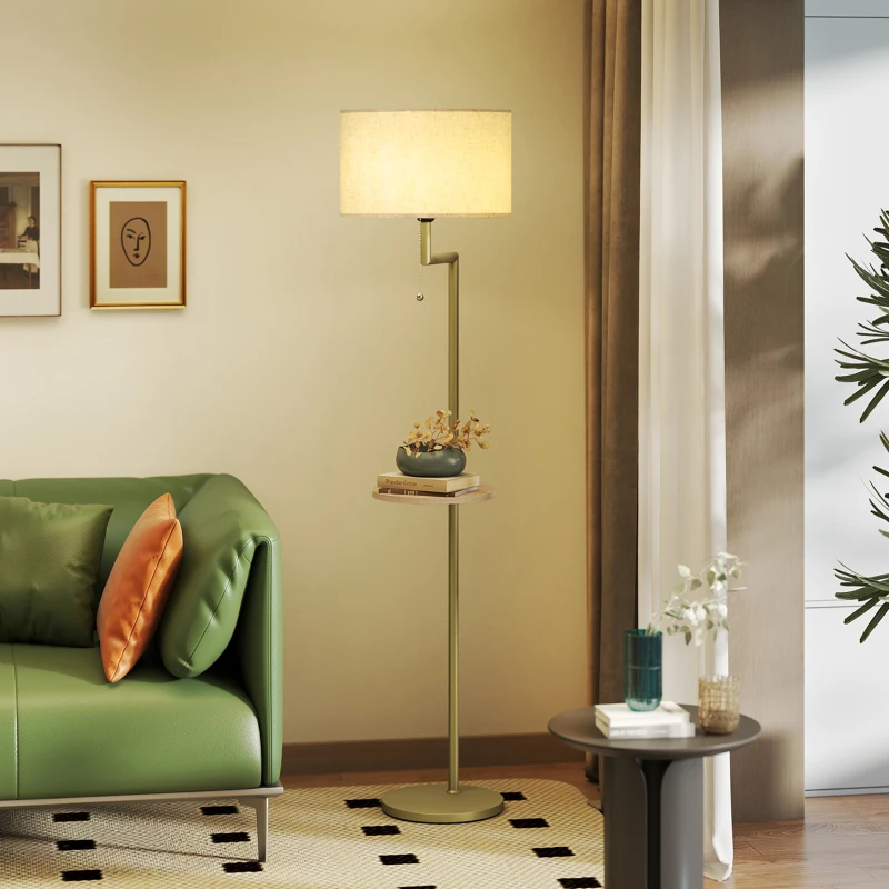 HOMCOM Candeeiro de Pé com Mesa Auxiliar Lâmpada E27 Máx. 40W Ecrã de Linho Interruptor de Corrente e Carregador USB Ø40x170 cm Dourado