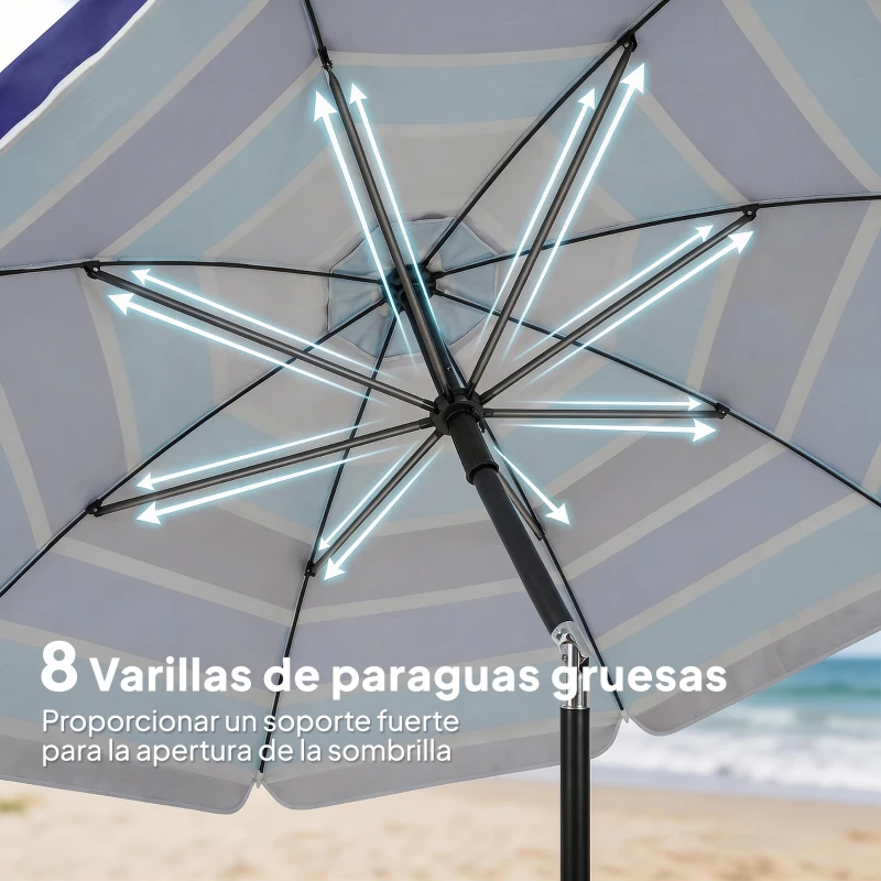 Outsunny Sombrilla de Playa con Mesa Plegable y Portavasos Ø198 cm Altura Ajustable Inclinación Bolsa de Transporte Multicolor