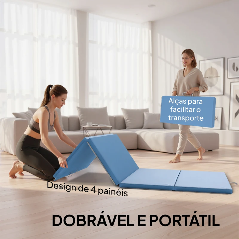 HOMCOM Colchão de Ginástica Dobrável com Espessura de 5 cm e Alças de Transporte para Yoga Aeróbica 240x120x5 cm Azul Claro