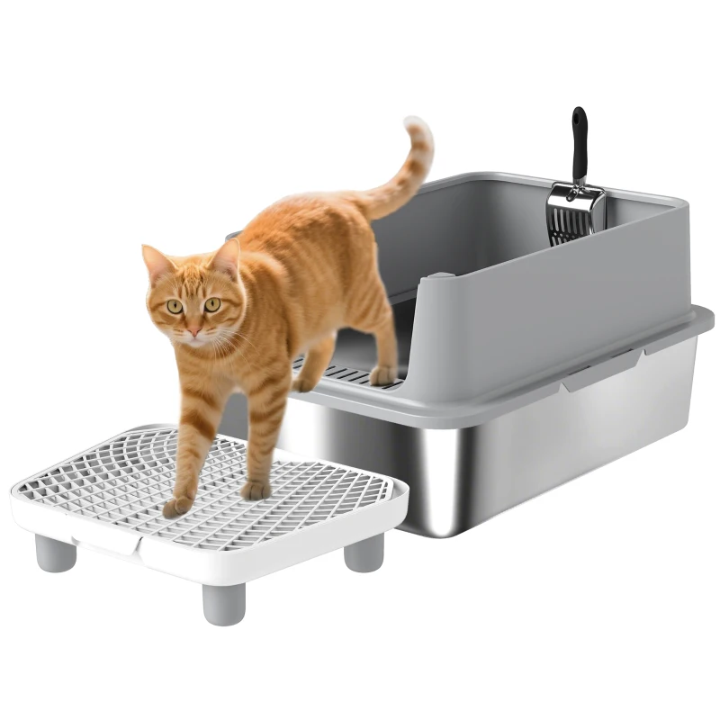 PawHut XL Katzentoilette aus Edelstahl, hohe Seitenwände, Trittplatte und Filtermatte, Schaufel, 60,2x40,2x29,6cm, Grau