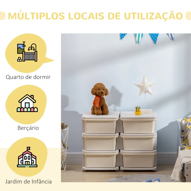 HOMCOM Organizador de Brinquedos com 6 Gavetas para Crianças com Bordas Arredondadas e Pegas 75x37x56,5 cm Creme e Cinza