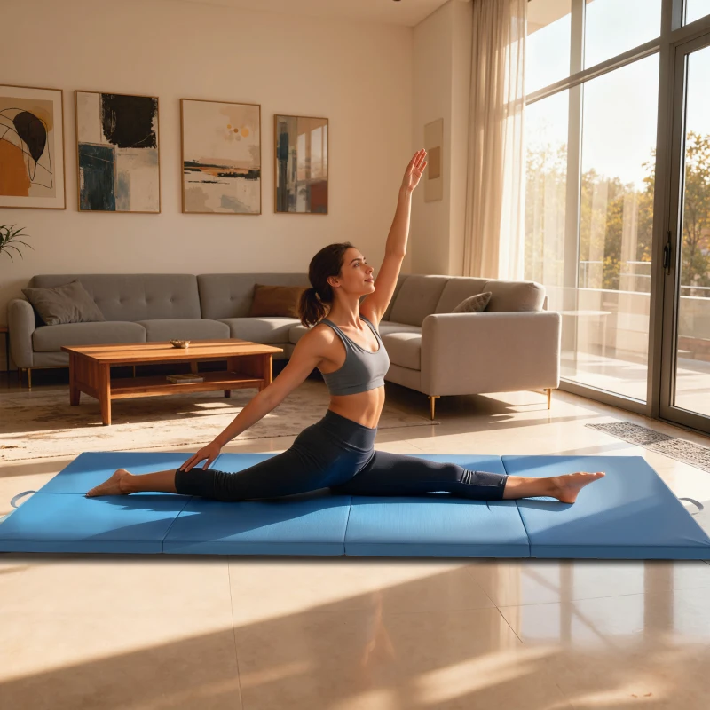 HOMCOM Colchão de Ginástica Dobrável com Espessura de 5 cm e Alças de Transporte para Yoga Aeróbica 240x120x5 cm Azul Claro