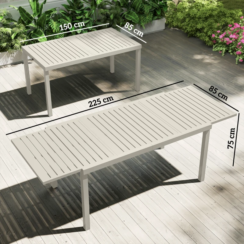 Outsunny Mesa de Jardín Extensible 150/225x85x75 cm Mesa de Comedor de Aluminio con Tablero de Listones para 6-8 Personas Blanco