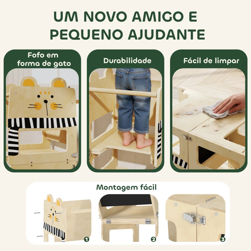 AIYAPLAY Torre de Aprendizagem 3 em 1 Dobrável Conversível em Secretária e Cadeira com Quadro Estampado de Gatos Madeira