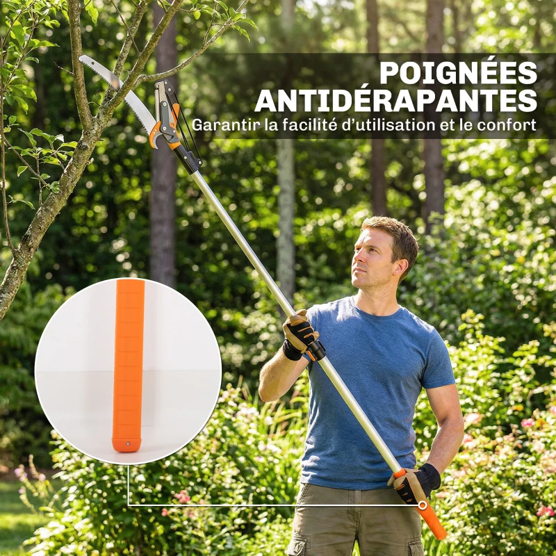 Outsunny Élagueur télescopique 2 en 1, scie manuelle, sécateur avec verrou de sécurité, perche télescopique en aluminium 2 m