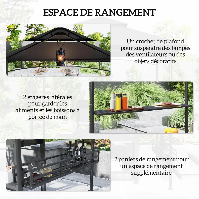 Outsunny Tonnelle de barbecue auvent de réception pour jardin crochet au plafond étagères paniers 240 x 150 x 257 cm gris foncé