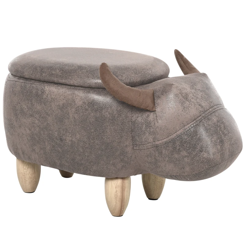 HOMCOM Tabouret Vache - Pouf Vachette - Pouf Taureau Coffre de Rangement 2 en 1 - Pieds Bois d'hévéa revêtement synthétique Aspect Daim Vieilli Marron