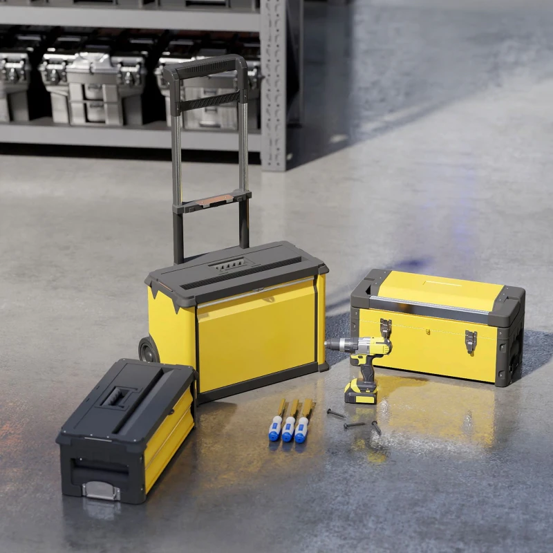HOMCOM Caja de Herramientas con Ruedas Apilable Carro de Herramientas de Acero con Bandeja Mango Telescópico Amarillo y Negro