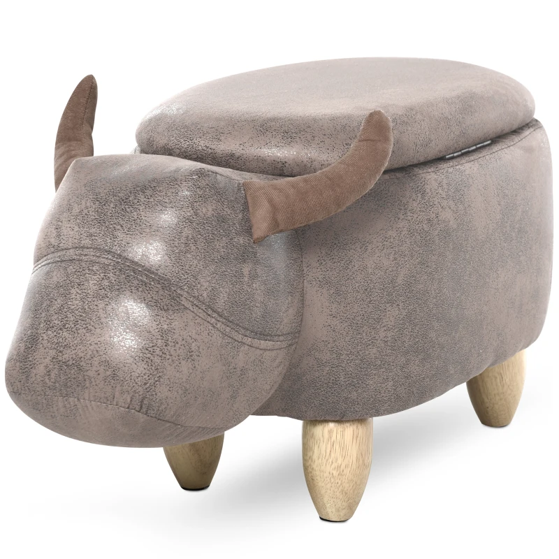 HOMCOM Tabouret Vache - Pouf Vachette - Pouf Taureau Coffre de Rangement 2 en 1 - Pieds Bois d'hévéa revêtement synthétique Aspect Daim Vieilli Marron