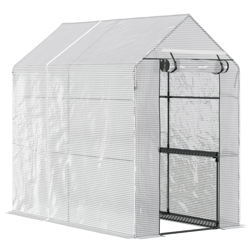 Outsunny Foliengewächshaus begehbares Gewächshaus mit 4 Regalebenen Tomatengewächshaus Treibhaus Frühbeet mit Tür Grün Stahl PE 120 x 186 x 190  cm