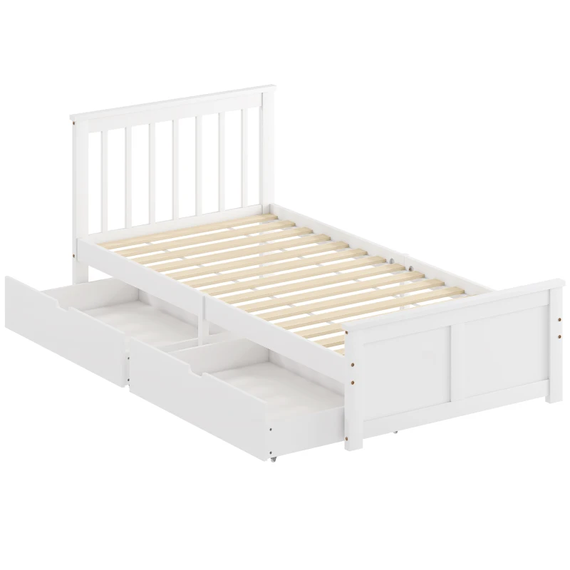 HOMCOM Cadre de Lit 90x190cm en Bois Massif,  2 Tiroirs sur Roulettes, Tête de Lit, Pied de Lit, Sommier à Lattes, Blanc
