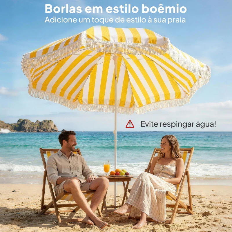 Outsunny Guarda-sol de Praia com Franjas Ø180 cm Guarda-sol Exterior Altura Ajustável Inclinação 30° Amarelo e Branco