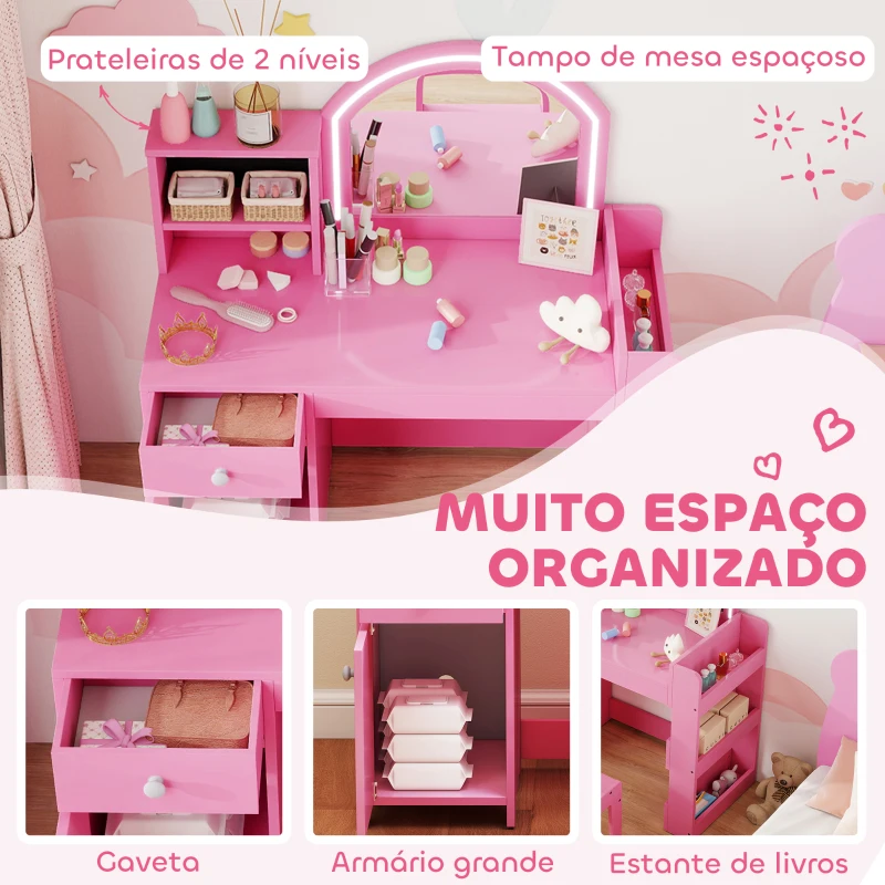AIYAPLAY Toucador de Maquilhagem Infantil com Banquinho e Espelho com Luzes LED 1 Gaveta Armário e 5 Prateleiras Rosa