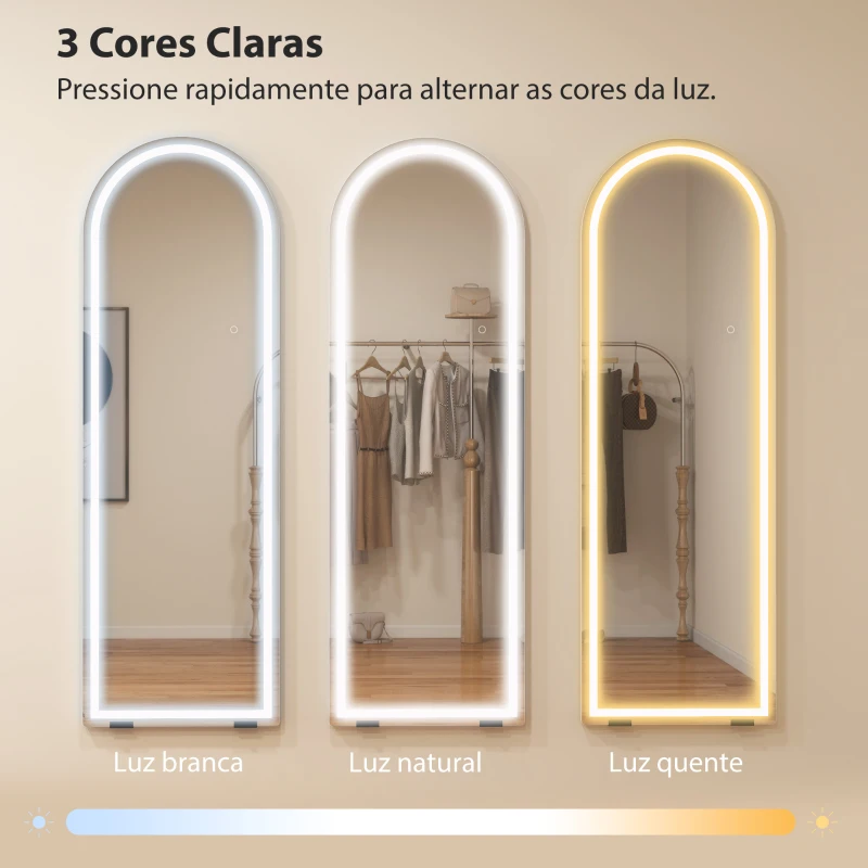 HOMCOM Espelho de Corpo Inteiro com Luzes 150x50 cm Arqueado Sem Moldura 3 Tons de Luz Brilho Ajustável Transparente
