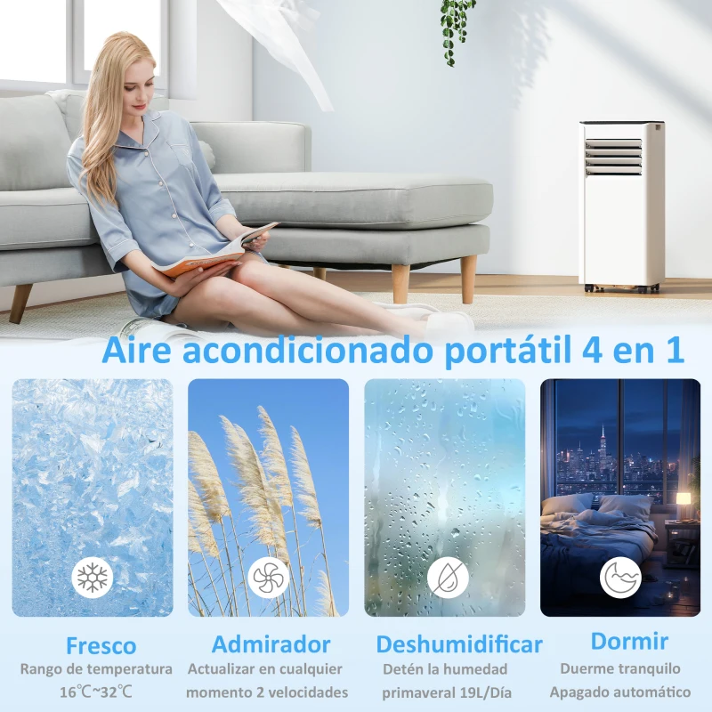 HOMCOM Aire Acondicionado Portátil 7000 BTU 4 en 1 Enfriamiento Deshumidificador Ventilador Temporizador para 26 m² Blanco