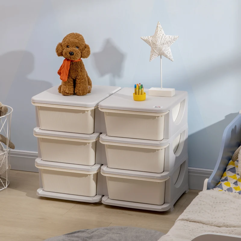 HOMCOM Organisateur de jouets pour enfants à 3 niveaux avec 6 tiroirs, boîtes de rangement en plastique, 75x37x56,5cm, crème