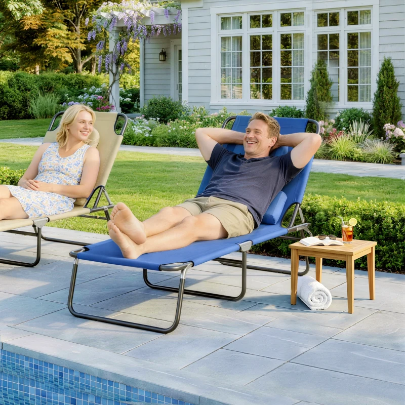 Outsunny Bain de Soleil Pliable transat inclinable 4 Positions Chaise Longue 3 Coussins fournis Bleu