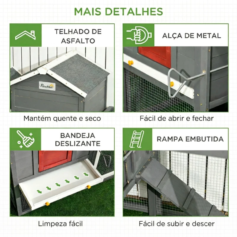 PawHut Galinheiro Grande de Madeira 300x66x116 cm com Ninho, Corredor Bandeja Removível Telhado Asfáltico Rampa 297,5x68x118 cm Branco e Cinza