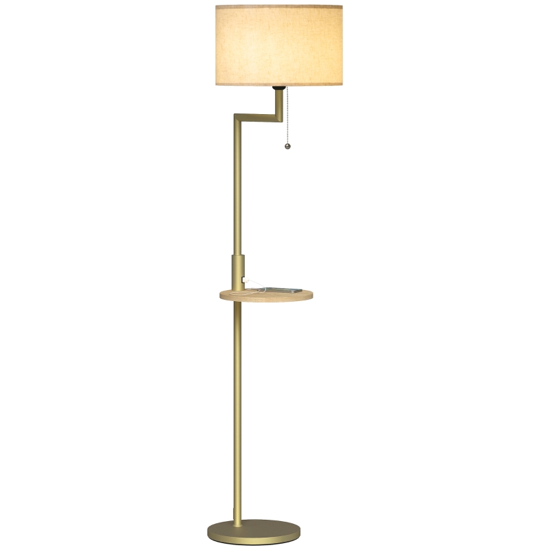 HOMCOM Candeeiro de Pé com Mesa Auxiliar Lâmpada E27 Máx. 40W Ecrã de Linho Interruptor de Corrente e Carregador USB Ø40x170 cm Dourado