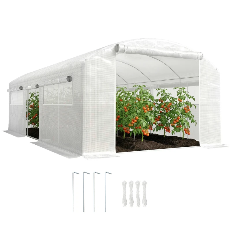 Outsunny Invernadero de Túnel 6x3x2 m con 3 Puertas Enrollables 6 Ventanas de Malla y Estructura de Acero Galvanizado Blanco