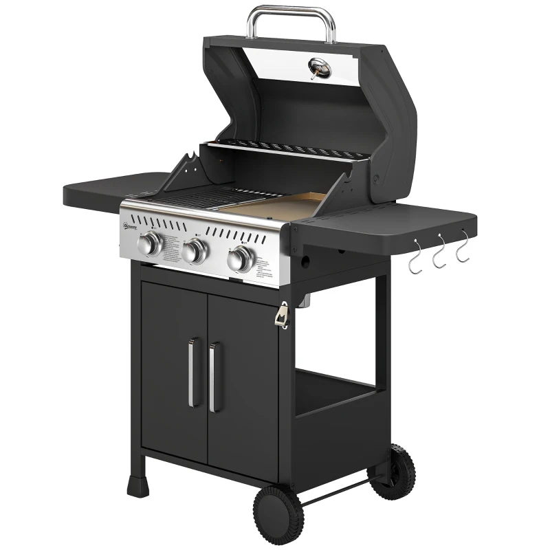 Outsunny Barbecue a Gás Portátil com 3 Queimadores 7,5 kW Termómetro Mesas Laterais Dobráveis Armário Grelha Aquecedora Chapa 125x57x110 cm Preto
