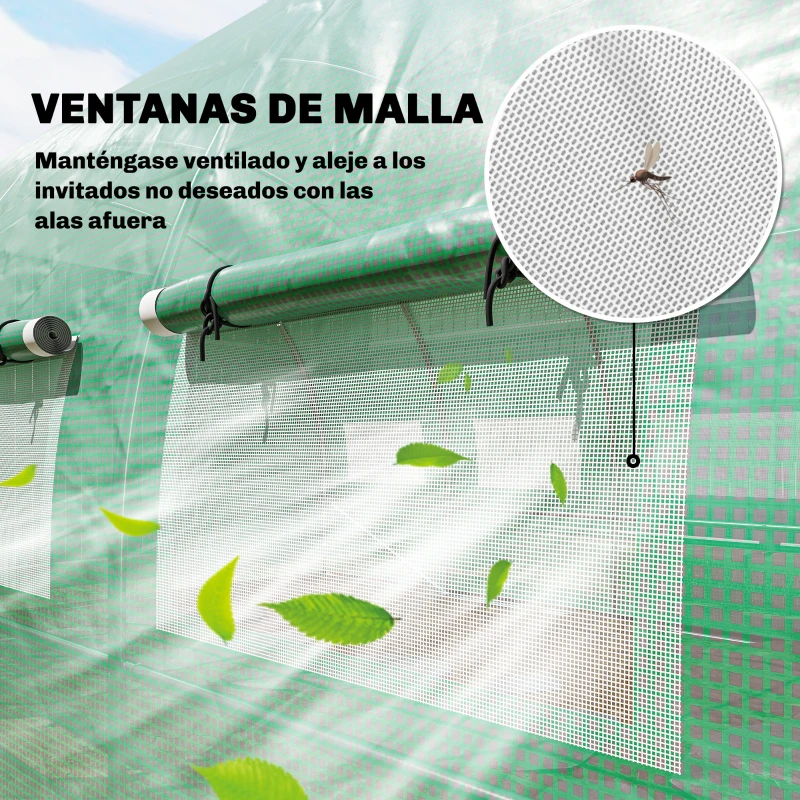 Outsunny Invernadero de Túnel 6x3x2 m con Puerta con Bisagras 12 Ventanas de Malla y Estructura de Acero Galvanizado Verde